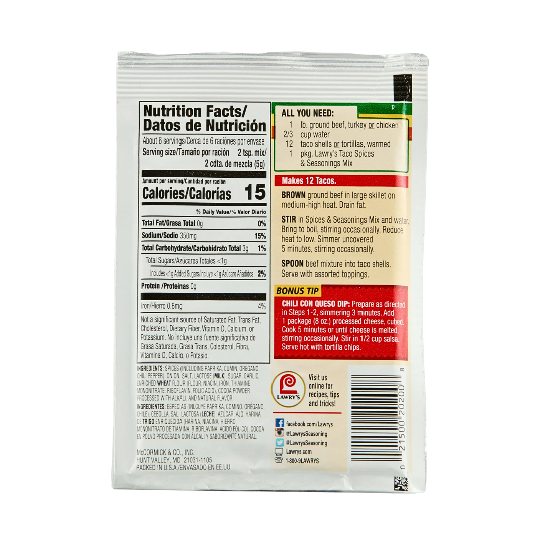 Lawry's Taco Spices and Seasoning Mix - 1 oz - MexGrocer.com