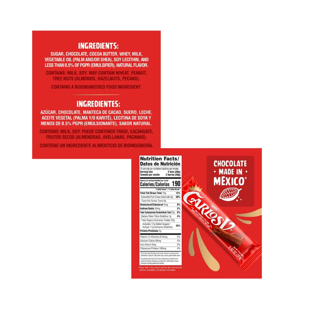 Carlos V Milk Chocolate Style Bar - 32 ct - MexGrocer.com