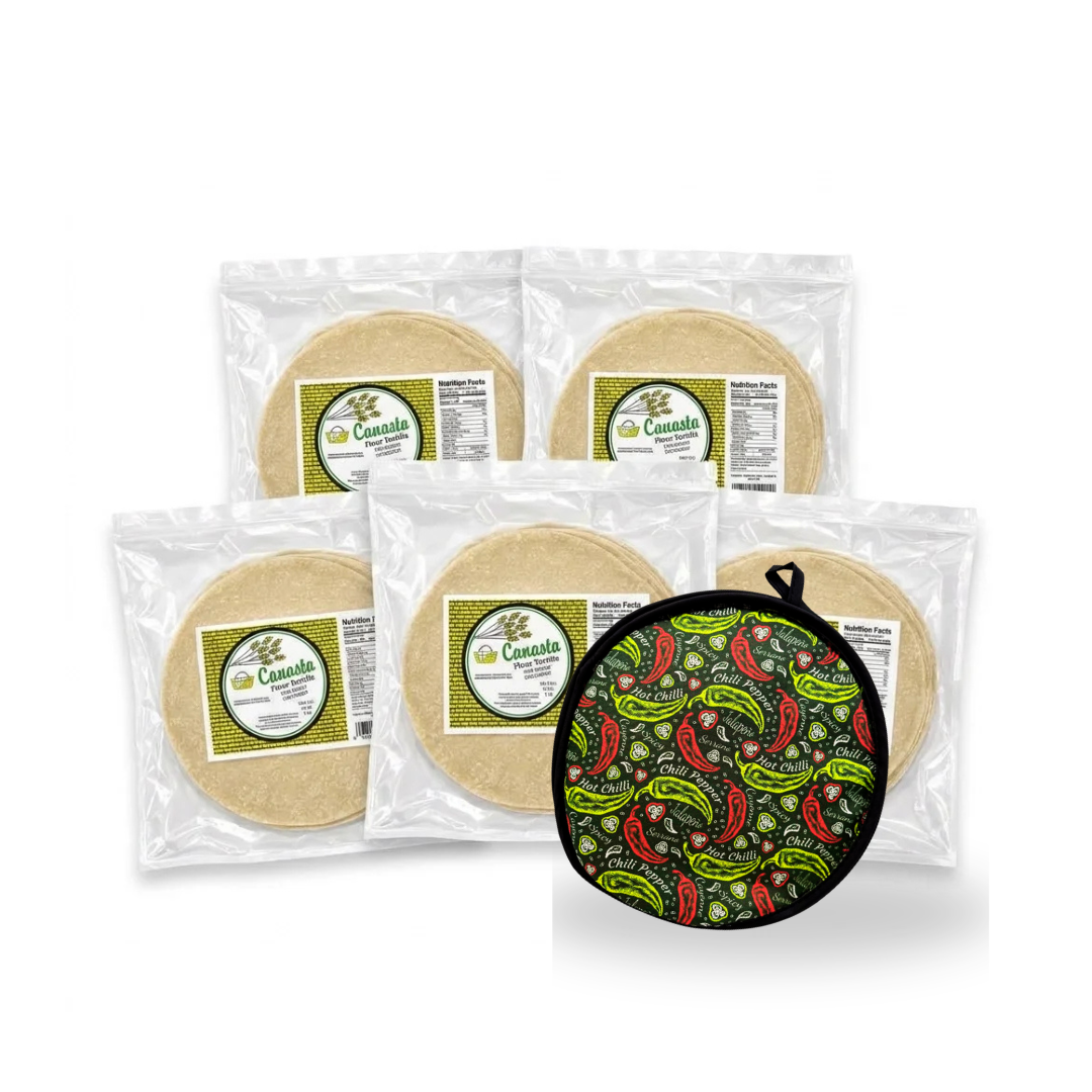 Canasta Uncooked Flour Tortillas Lard Base – 5 Pack Bundle + Free Warmer