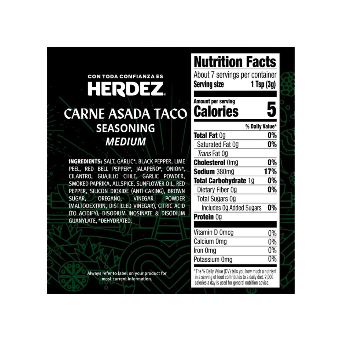 Sazonador para Tacos de Carne Asada Herdez, picante medio – Chile y Ajo 22 g