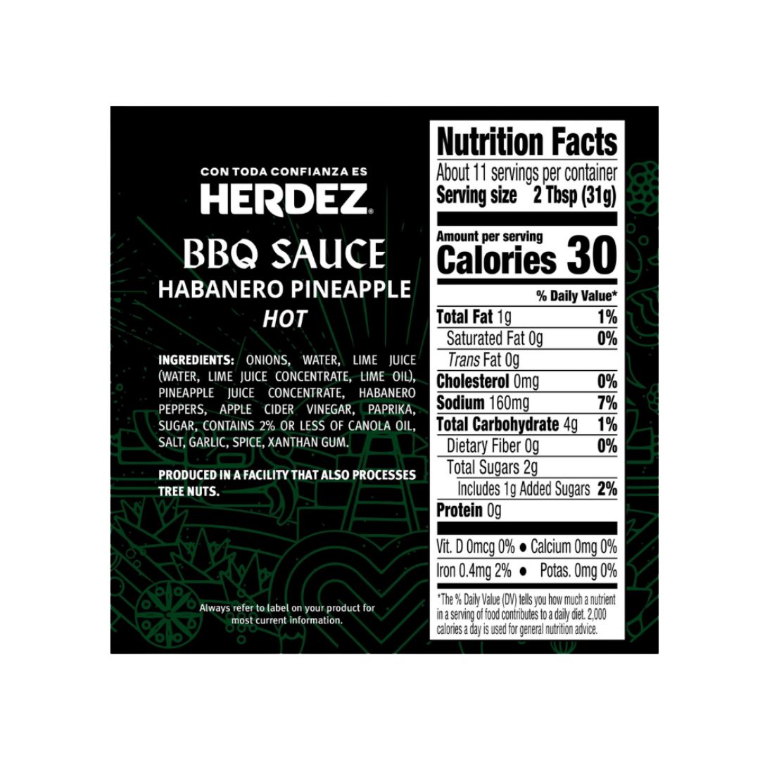 Herdez Habanero Pineapple Hot BBQ Sauce label with nutrition facts on a white background