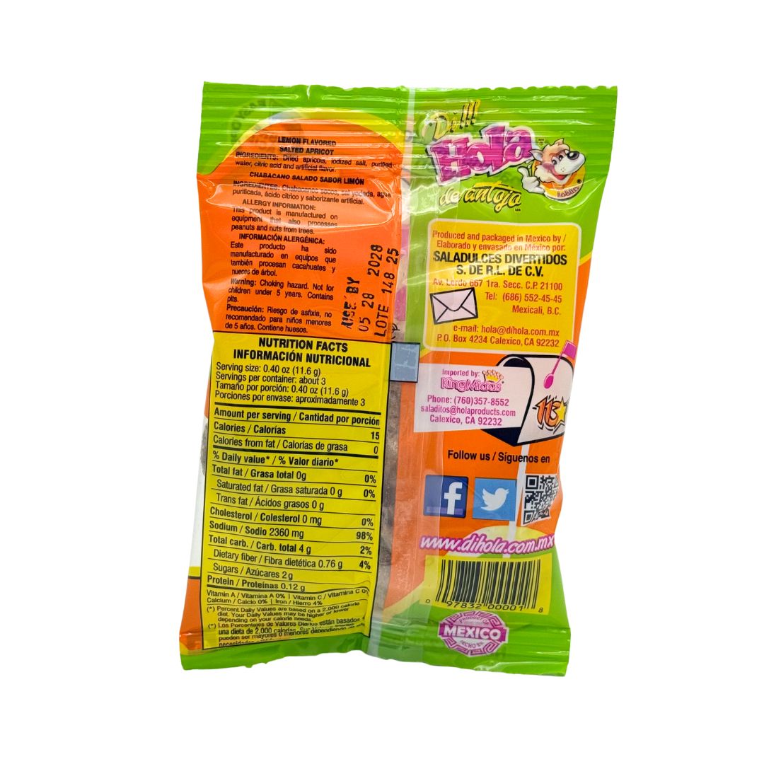 HOLA Chabacano Salado Sabor Limon - Lemon Salted Apricot - 1.2 oz - MexGrocer.com