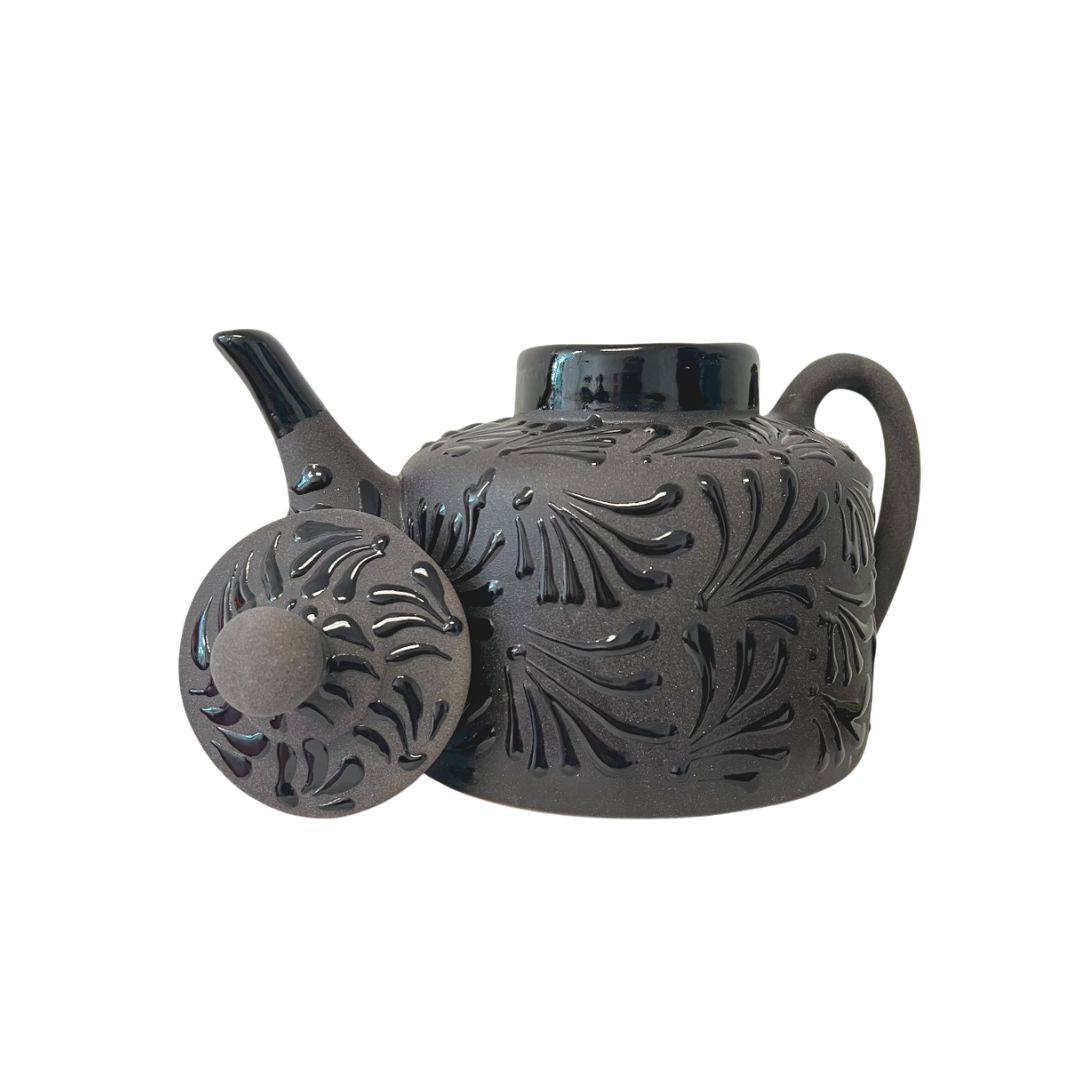 Tetera de arcilla mexicana engobada con tapa de 3 litros – Tetera con diseño floral engobado