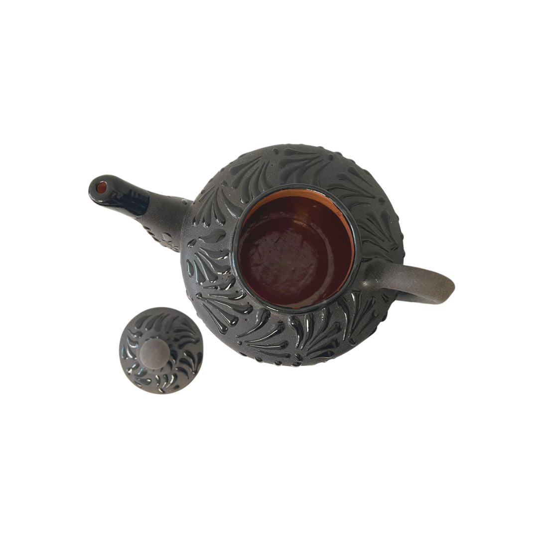 Tetera de arcilla mexicana engobada con tapa de 3 litros – Tetera con diseño floral engobado