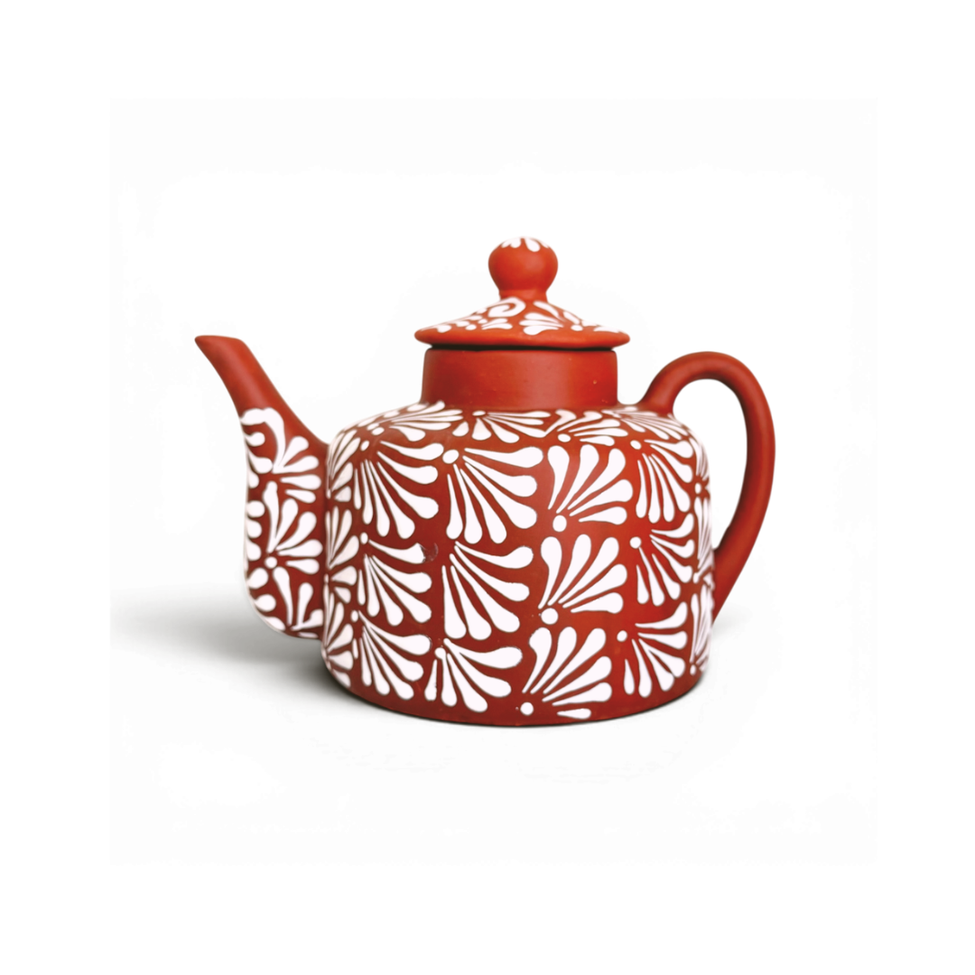Tetera de arcilla mexicana engobada con tapa de 3 litros – Tetera con diseño floral engobado
