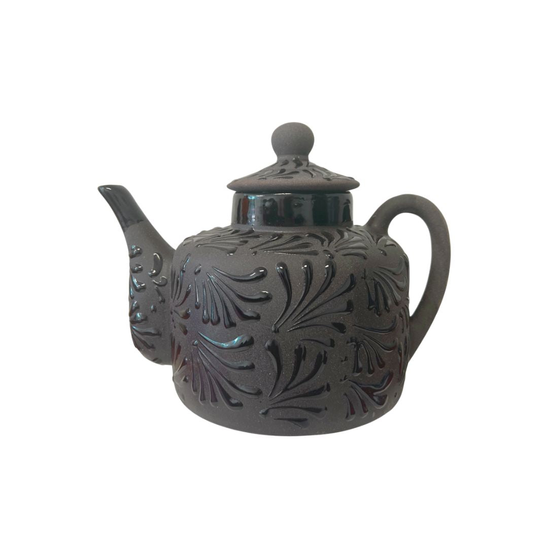 Tetera de arcilla mexicana engobada con tapa de 3 litros – Tetera con diseño floral engobado