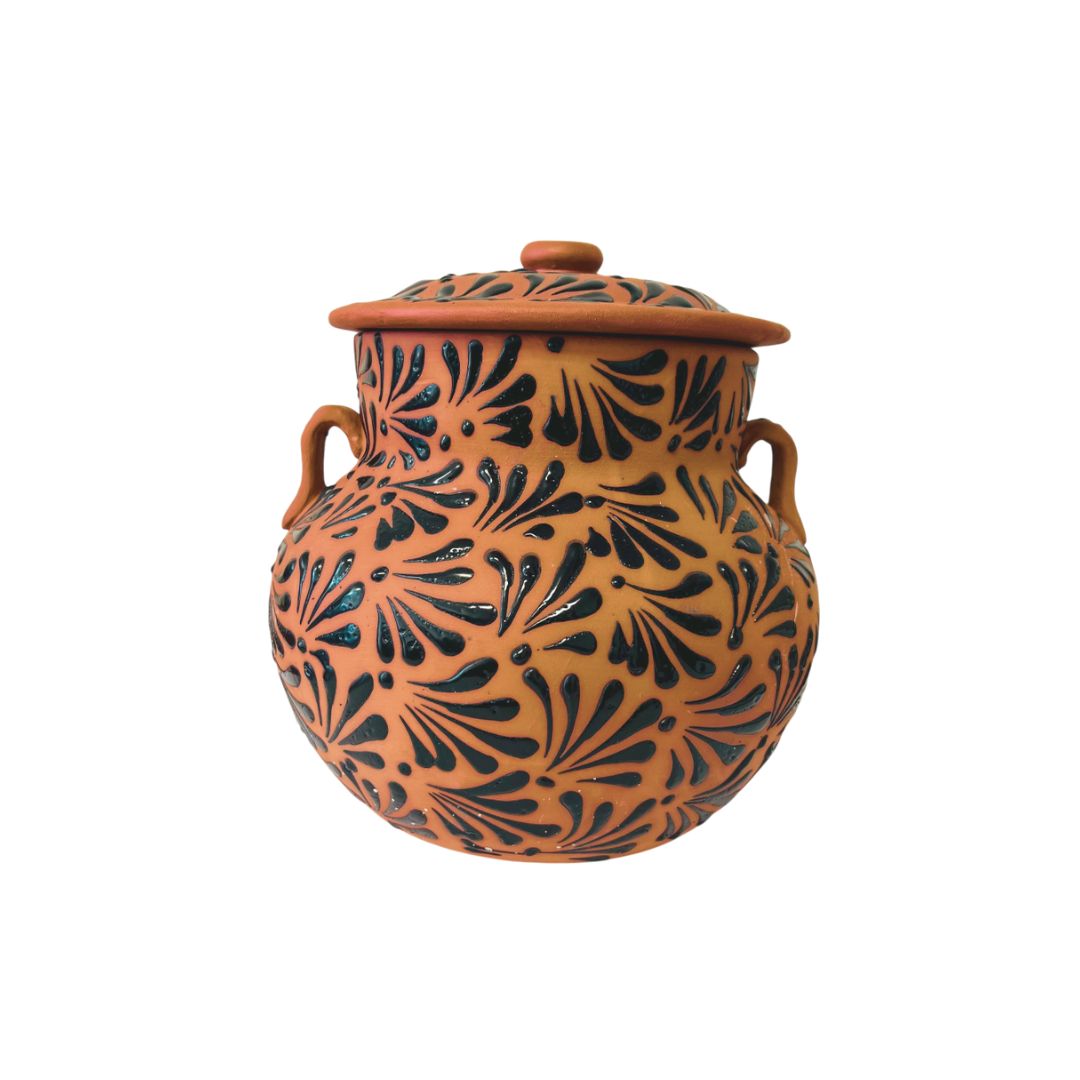 Mexican Clay Bean Pot with Lid 4 Liters – Olla de Barro Floral Engobe Design