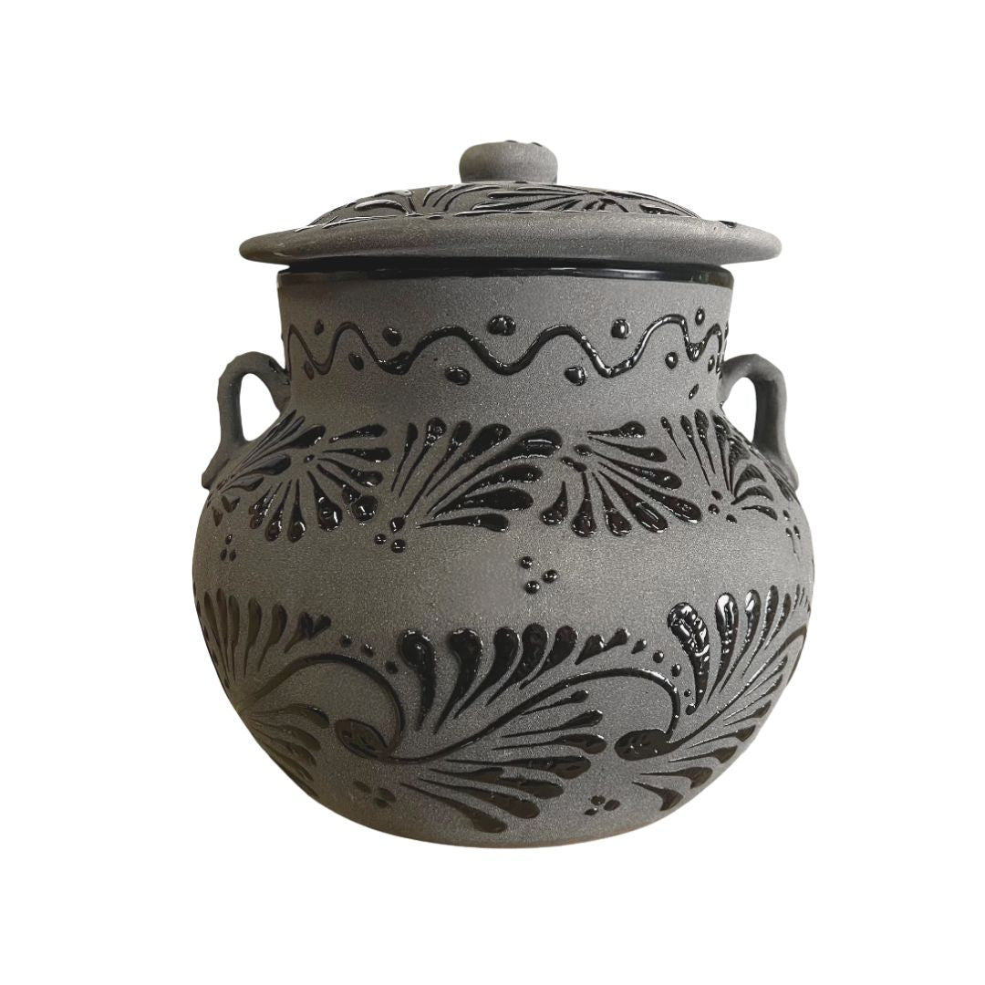 Mexican Clay Bean Pot with Lid 4 Liters – Olla de Barro Floral Engobe Design