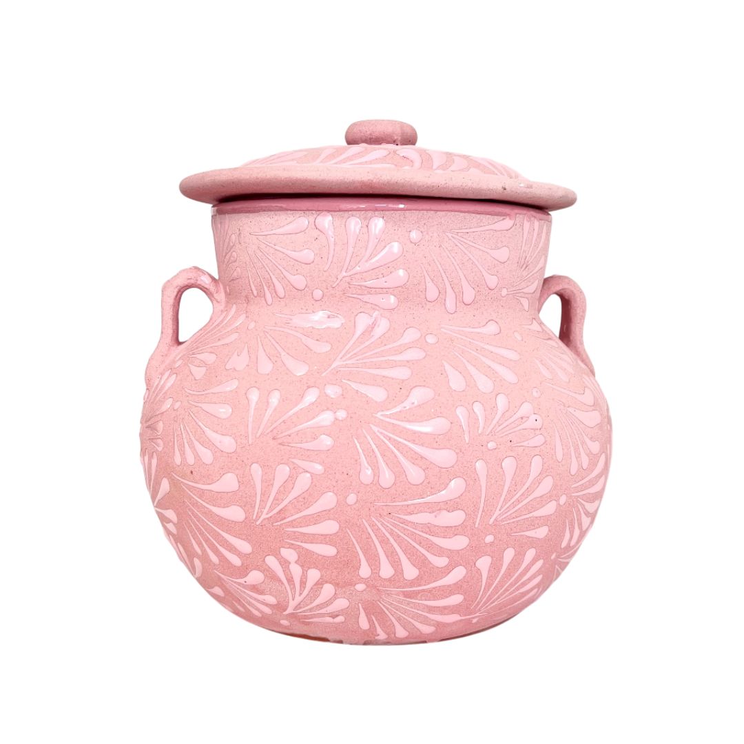Mexican Clay Bean Pot with Lid 4 Liters – Olla de Barro Floral Engobe Design