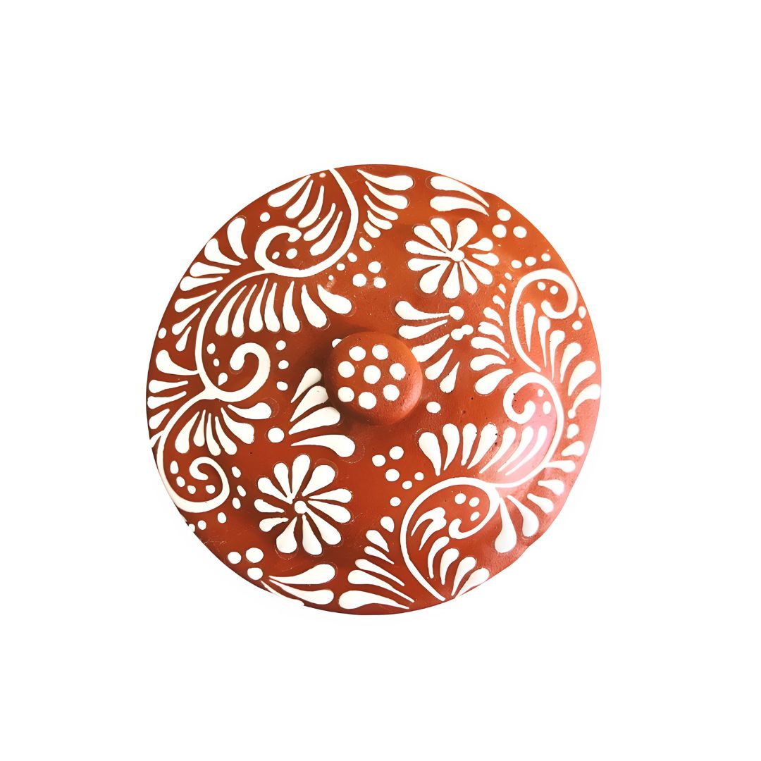 Mexican Clay Bean Pot with Lid 4 Liters – Olla de Barro Floral Engobe Design