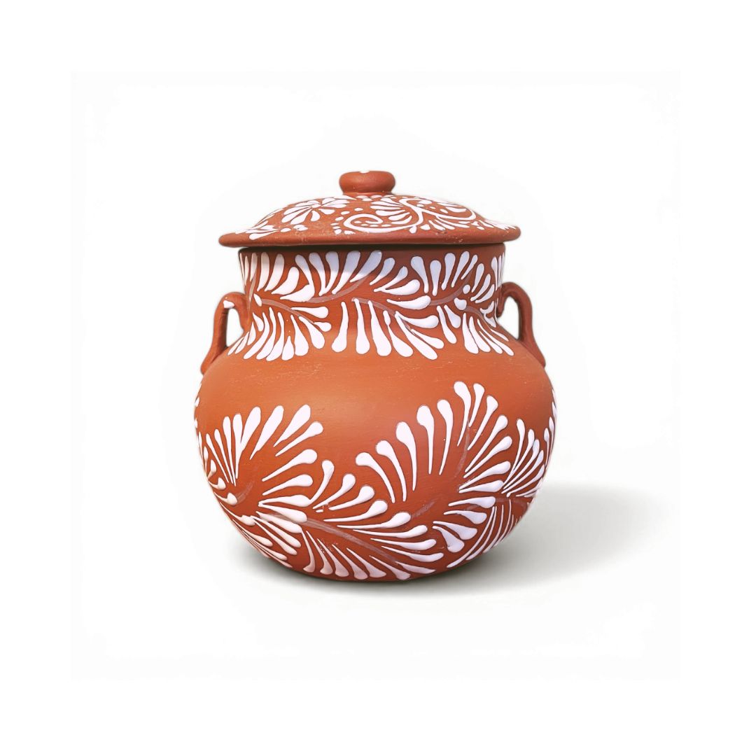 Mexican Clay Bean Pot with Lid 4 Liters – Olla de Barro Floral Engobe Design