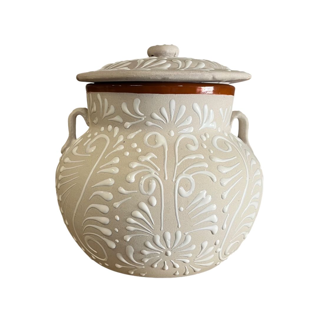 Mexican Clay Bean Pot with Lid 4 Liters – Olla de Barro Floral Engobe Design