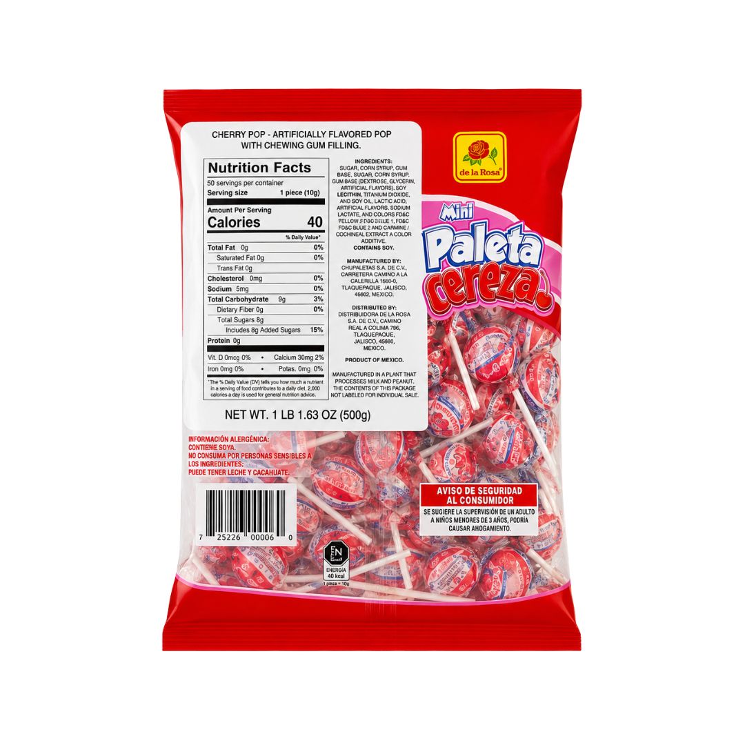 De la Rosa Paleta Mini Jumbo Cereza con Chicle – 50 piezas