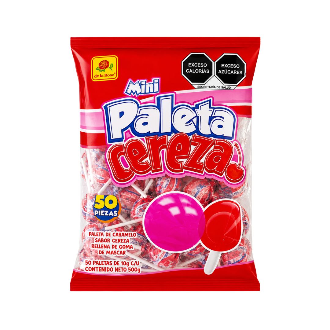 De la Rosa Paleta Mini Jumbo Cereza con Chicle – 50 piezas
