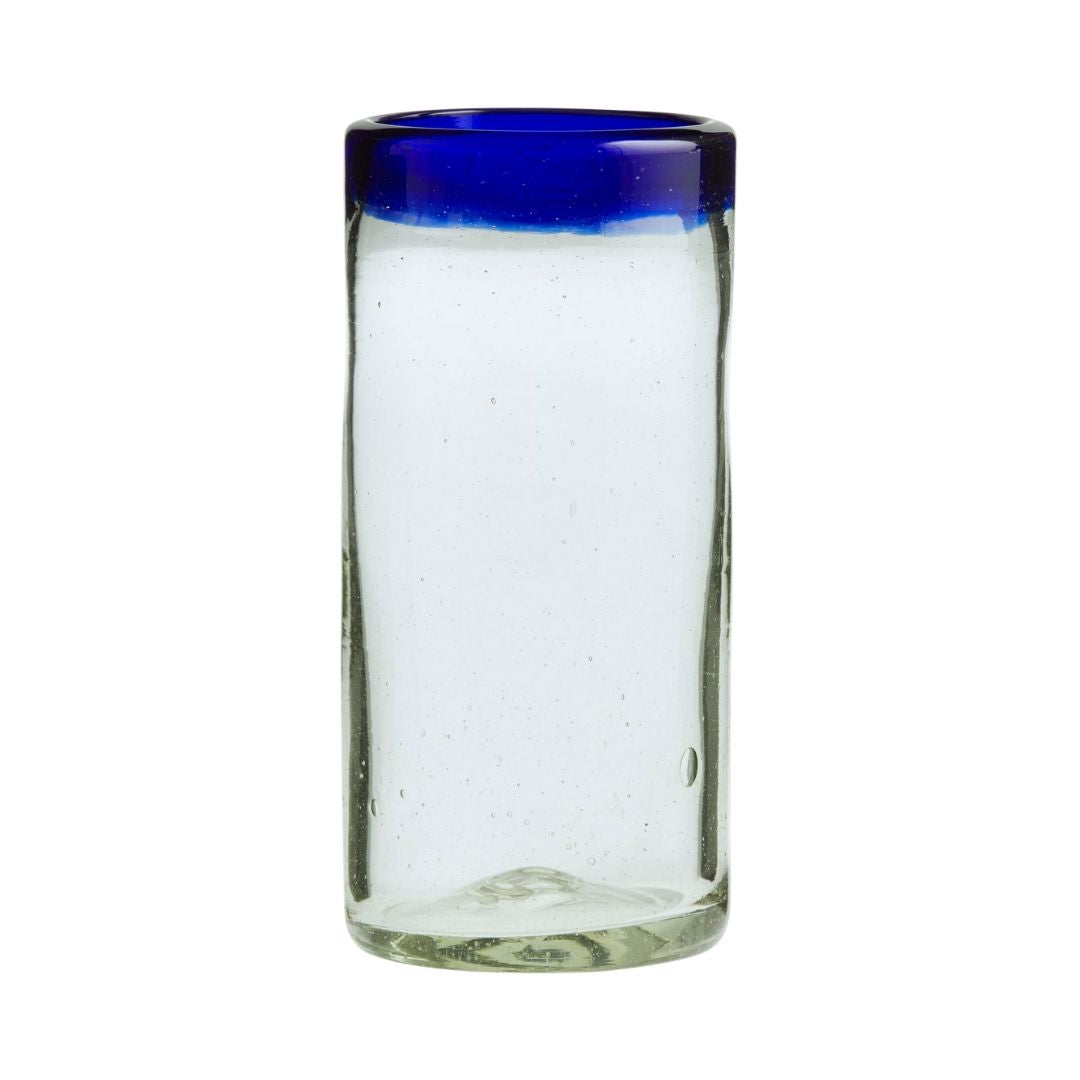 Hand Blown Glass "High Ball" with Blue Trim from Mexico - 1 unit