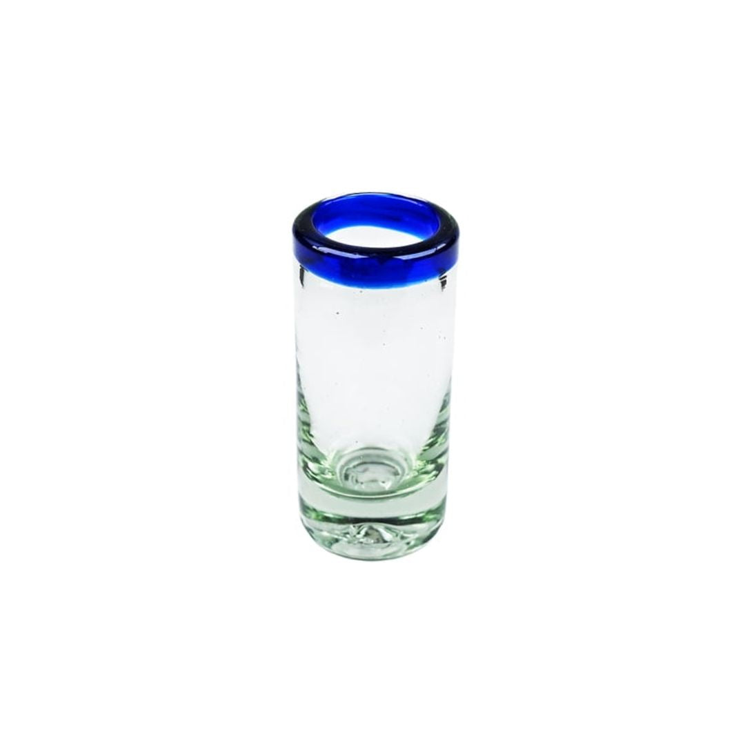 Hand Blown Tequila Shot Glass with Blue Trim from Mexico - 1 unit