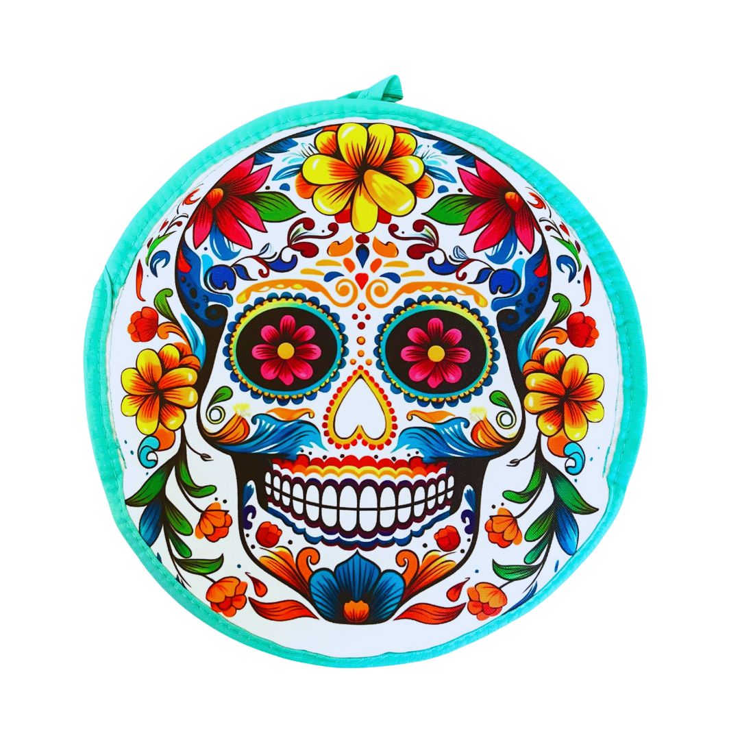 Tortilla Warmer - Day of the Dead - Sugar Skull Multi Colors (AQUA) - MexGrocer.com