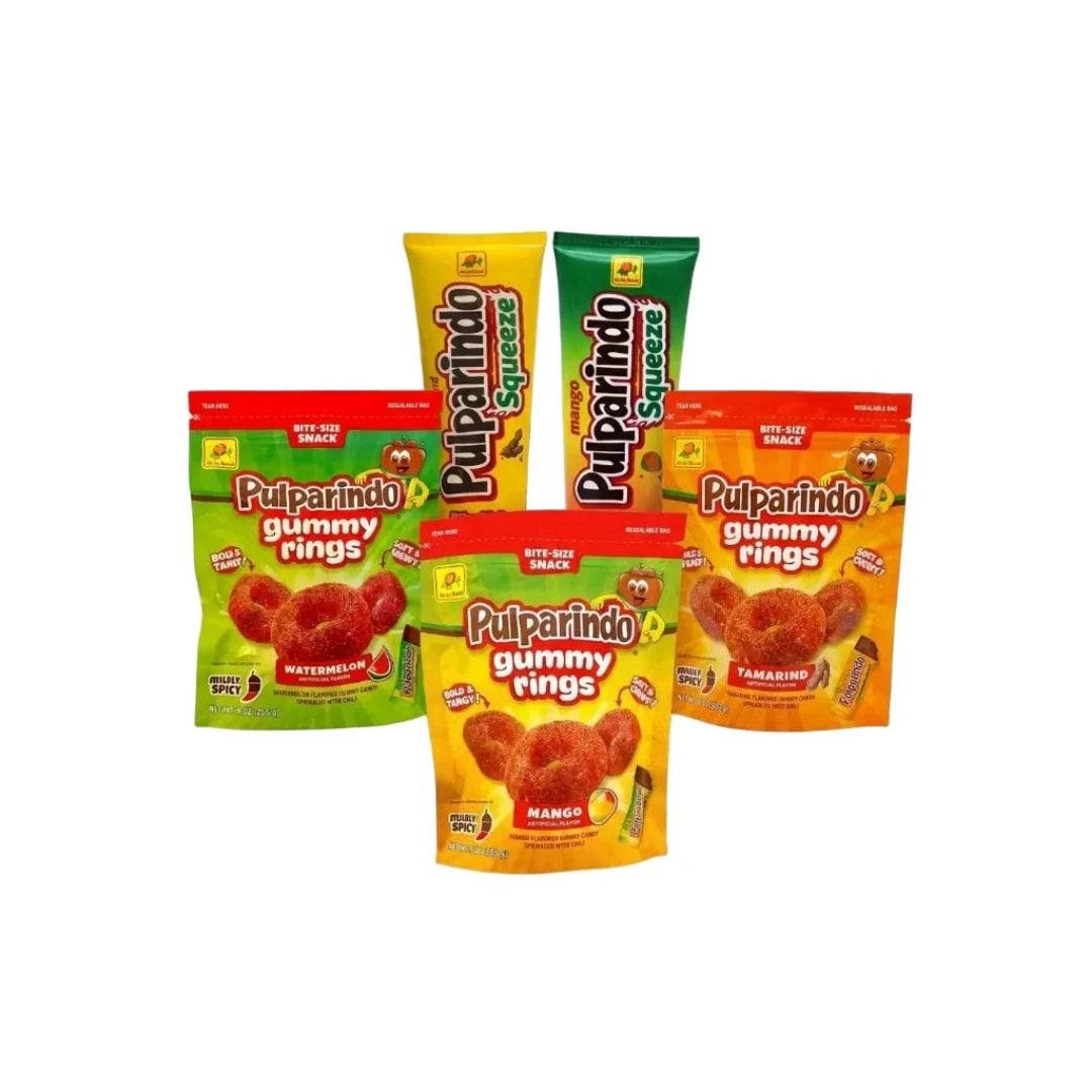 Assorted Pulparindo gummy snack packages on a white background