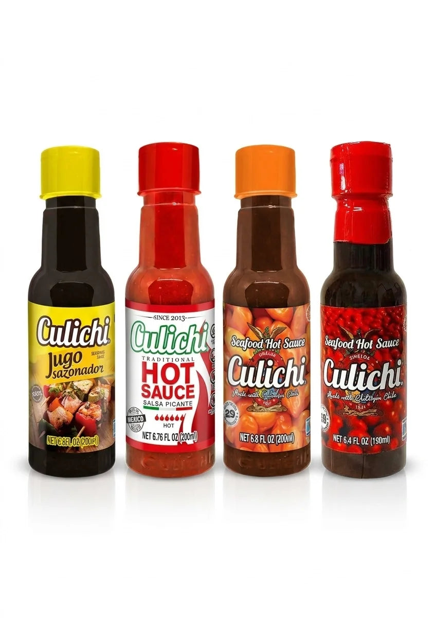 Four bottles of Culichi hot sauce with different flavors on a white background