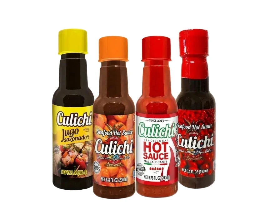 Four bottles of Culichi hot sauce with different colored caps on a white background