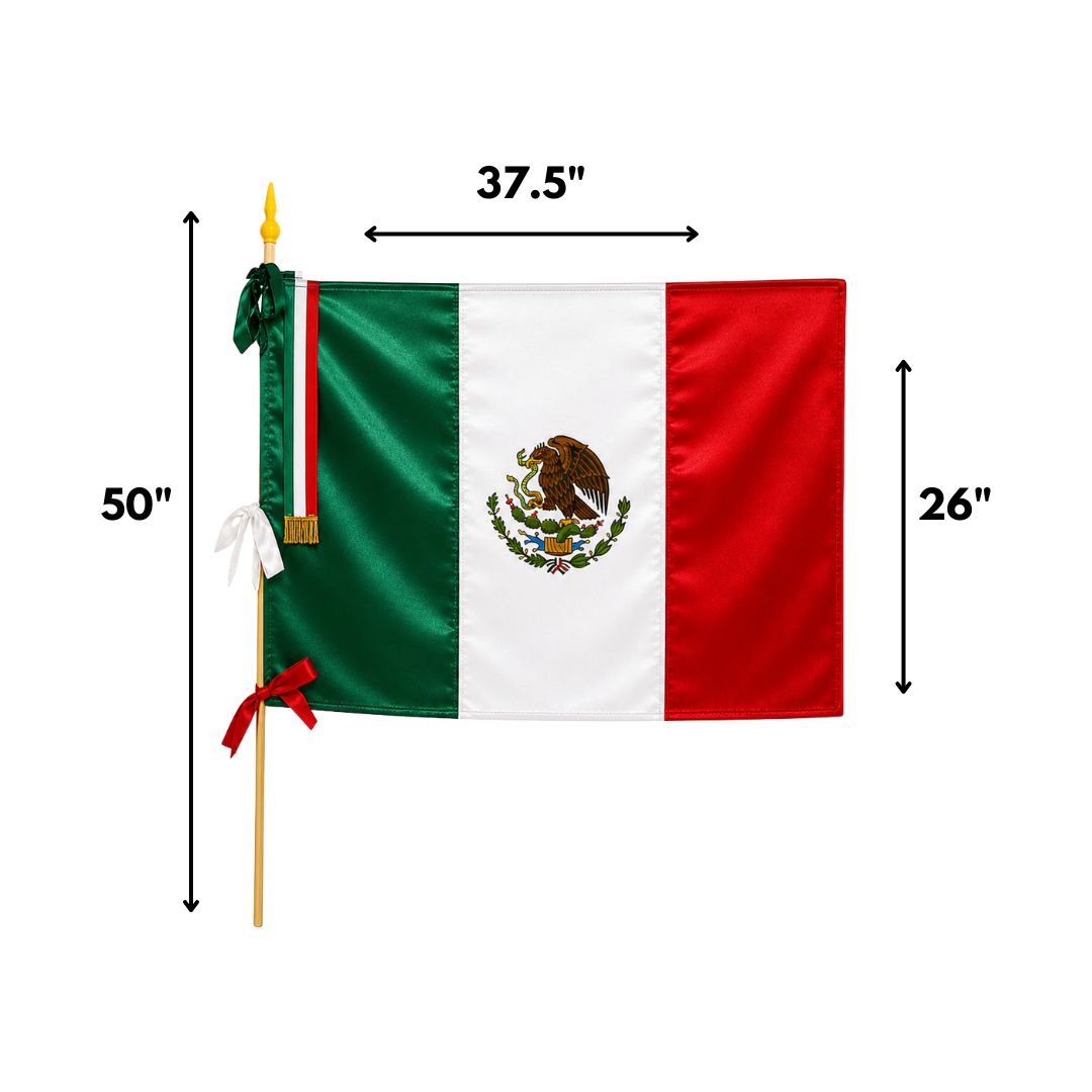 La Mexicana Satin Mexican Flag with Wooden Handle – 37" x 26" (50" Length)