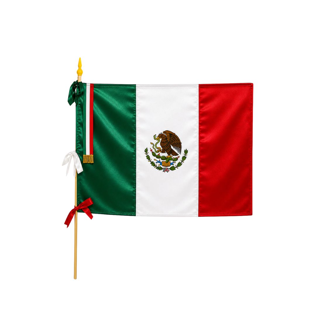 La Mexicana Satin Mexican Flag with Wooden Handle – 37" x 26" (50" Length)