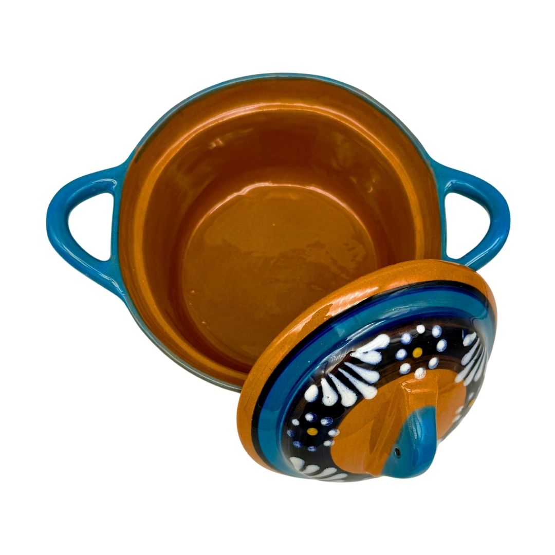 Clay Pot - Cazito Redondo de Barro con Tapa Color Azul 7" W x 4" H - MexGrocer.com