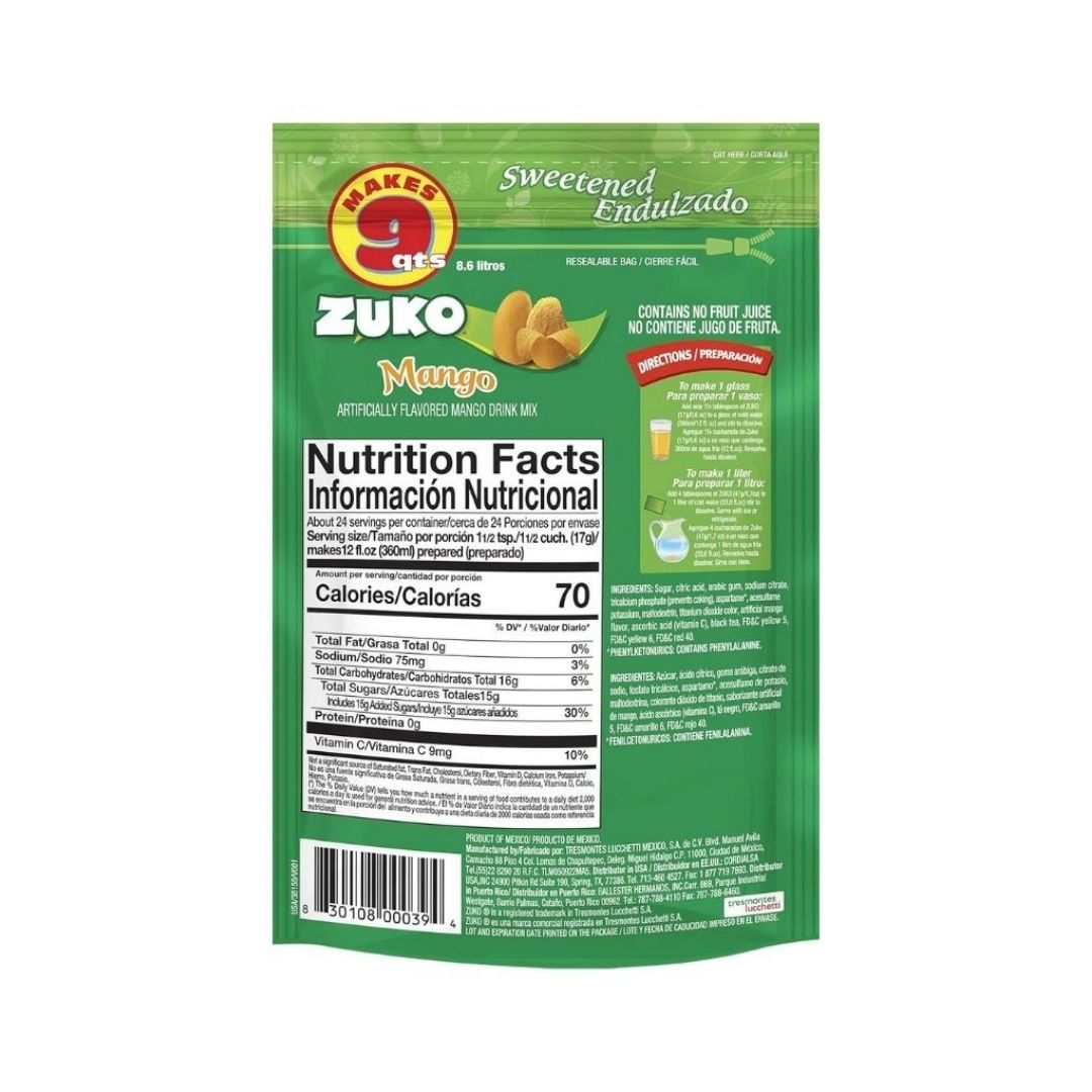 Zuko Mango Flavor Drink Mix (Makes 9 qt - 8.6 Liters)