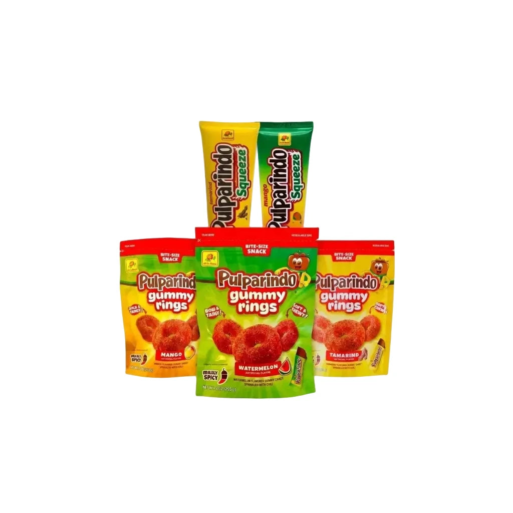 Pulparindo gummy snack packages in various flavors on a white background