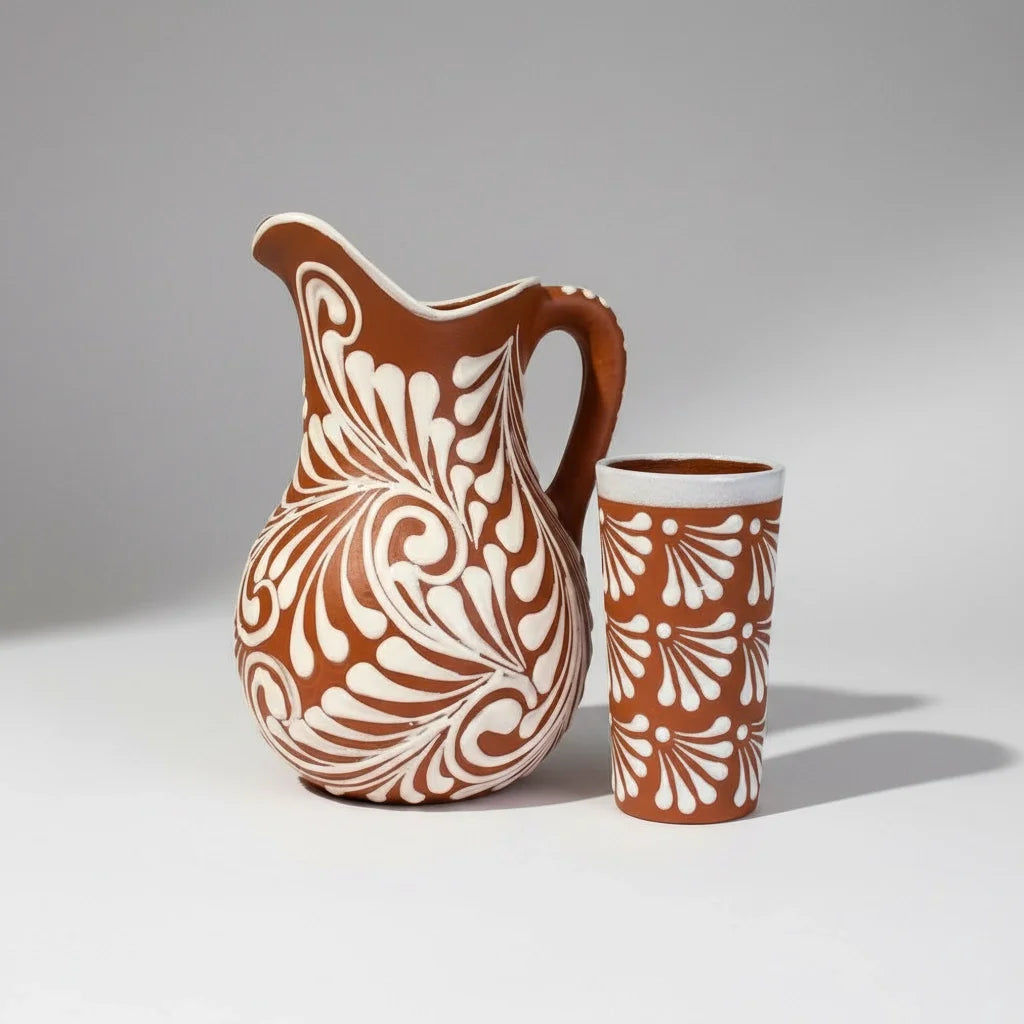 La Mexicana Terracotta Pitcher with Cups – Handcrafted Elegance from Mexico - MexGrocer.com