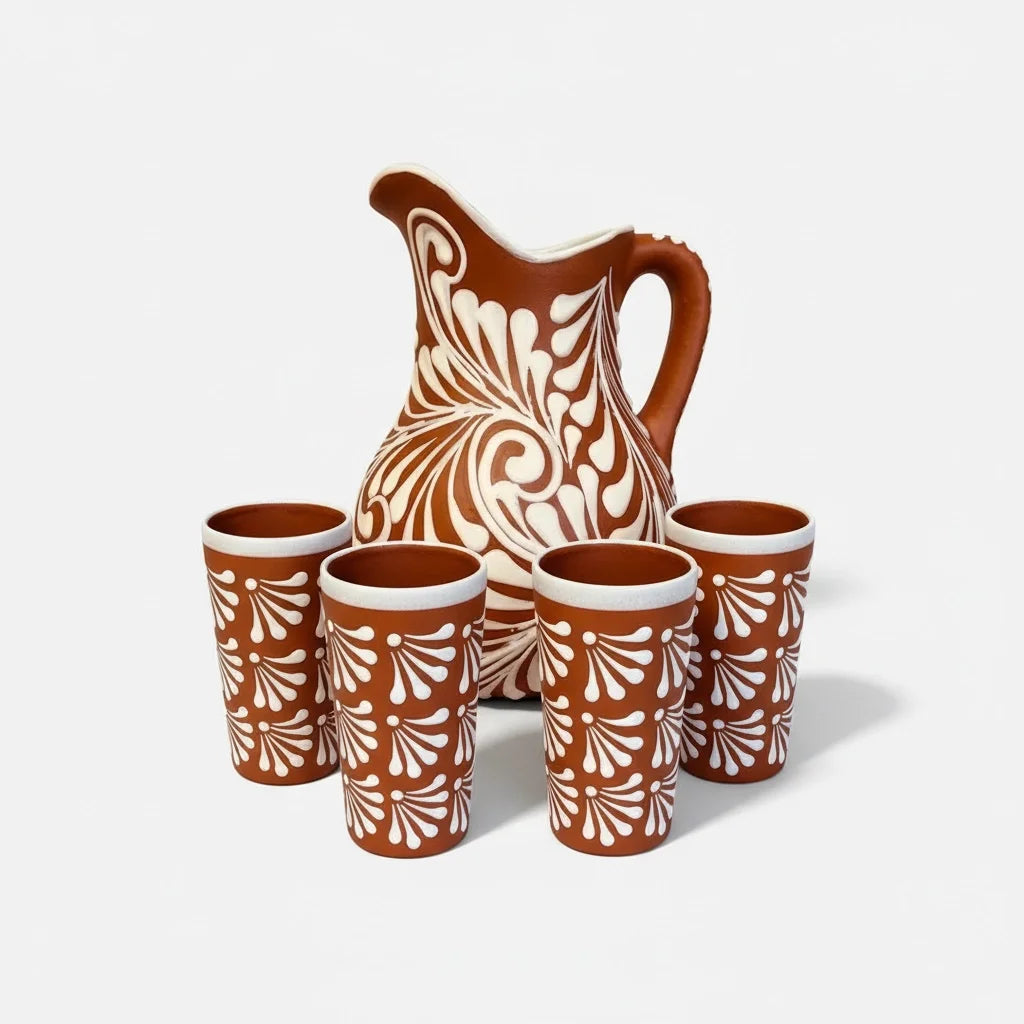 La Mexicana Terracotta Pitcher with Cups – Handcrafted Elegance from Mexico - MexGrocer.com