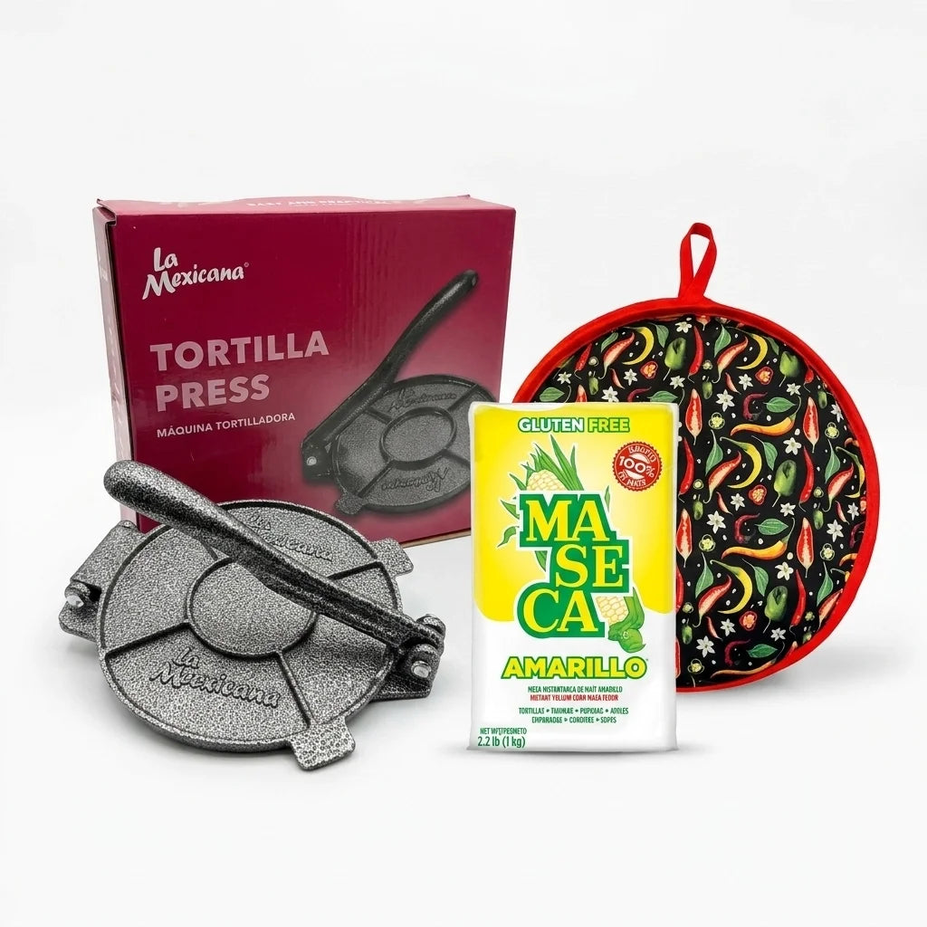 Tortilla Essentials Making Kit – Tortilla Press, Maseca & Warmer (3 Piece Set)