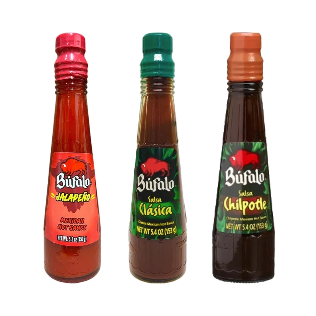 Bufalo Hot Sauce Bundle – Set of 3 (5.3 oz Each) – Jalapeño, Chipotle & Clásica - MexGrocer.com
