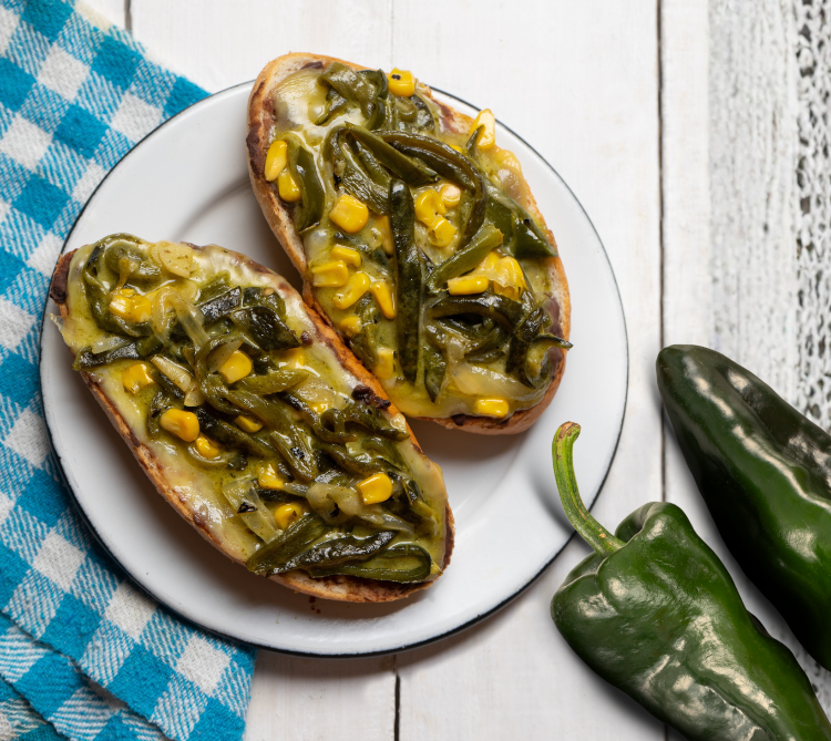 Melty Molletes with Poblano Rajas & Corn |Simple, and full of flavor.
