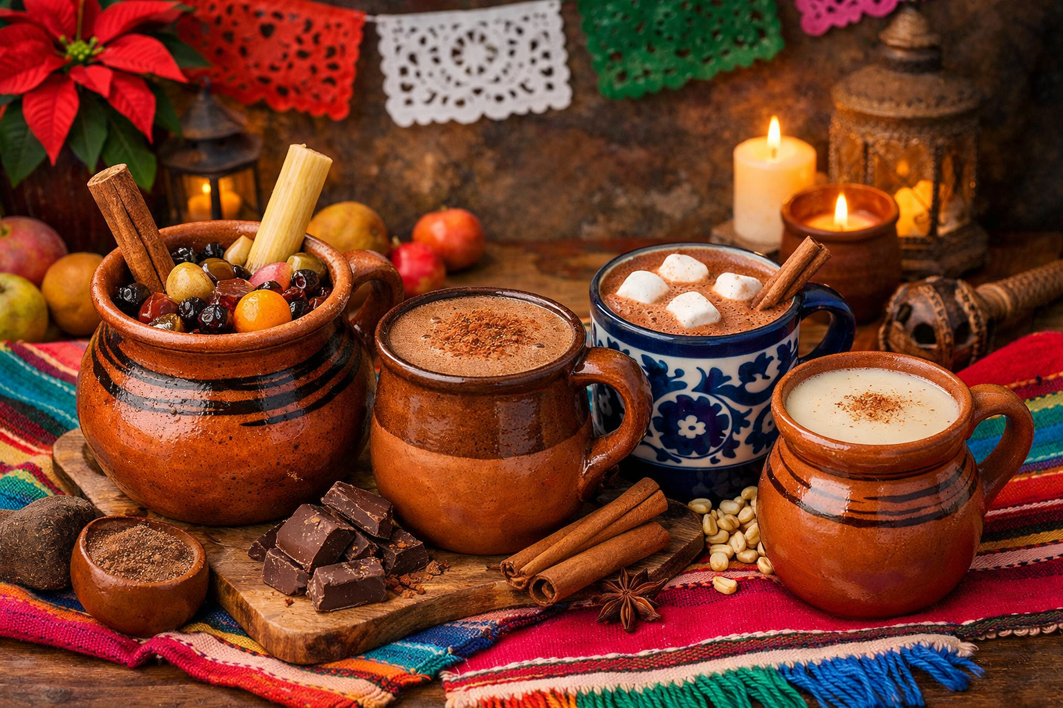Mexican hot drinks and ingredients for champurrado and atole