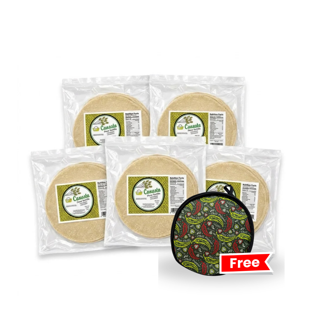 Canasta Uncooked Flour Tortillas  Lard Base – 5 Pack Bundle +  Free Warmer