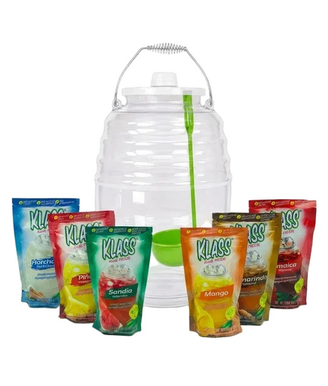 A large clear plastic jugs container with a metal handle and lid, shown with several colorful Klass beverage pouches arranged in front on a light gray background.