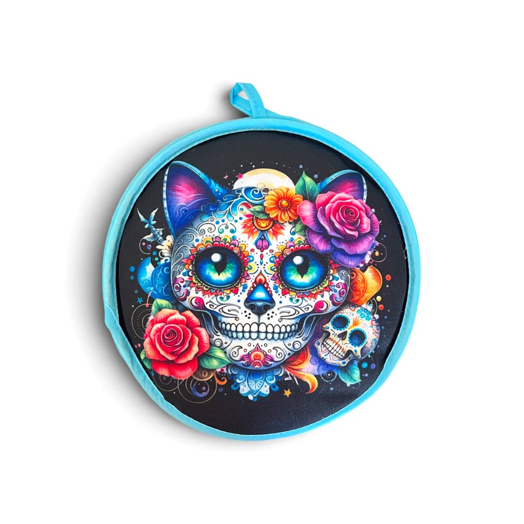 Calentador de Tortillas con Diseño de Gato Calavera de Azúcar del Día de Muertos – 10 Pulgadas