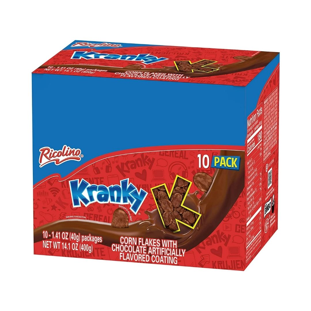 Ricolino Kranky, snack de hojuelas de maíz cubiertas de chocolate, 1.41 oz - 10 unidades