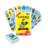 A pack of Mexican Lotería 10 Tablas cards in a clear plastic sleeve, with several cards fanned out behind it and a small stack of cards in front on a white background.