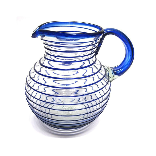 Hand Blown Glass Pitcher Blue Cobalt Spiral Stripes