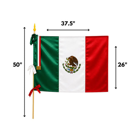 La Mexicana Satin Mexican Flag with Wooden Handle – 37" x 26" (50" Length)