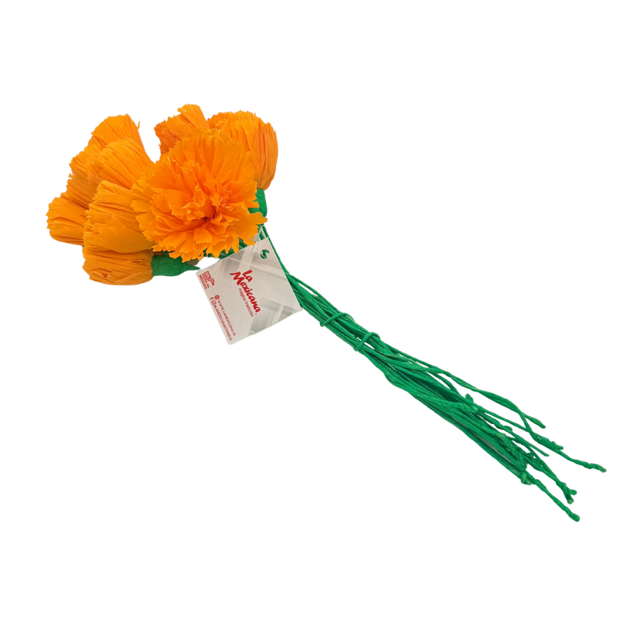 Orange cempasúchil paper flower bouquet for a Día de Muertos altar