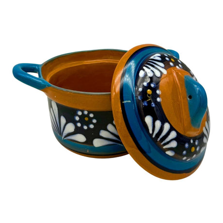 Clay Pot - Cazito Redondo de Barro con Tapa Color Azul 7" W x 4" H