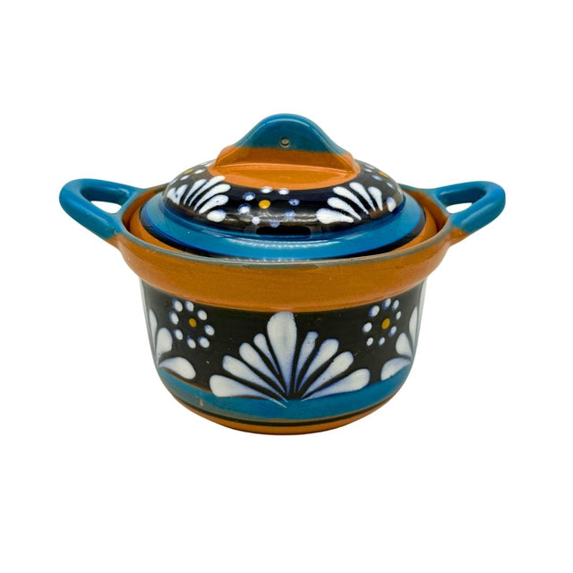 Clay Pot - Cazito Redondo de Barro con Tapa Color Azul 7" W x 4" H