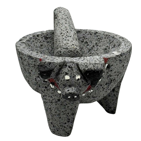 Molcajete Pig Head - Black Lava Stone Bowl (Pintado)