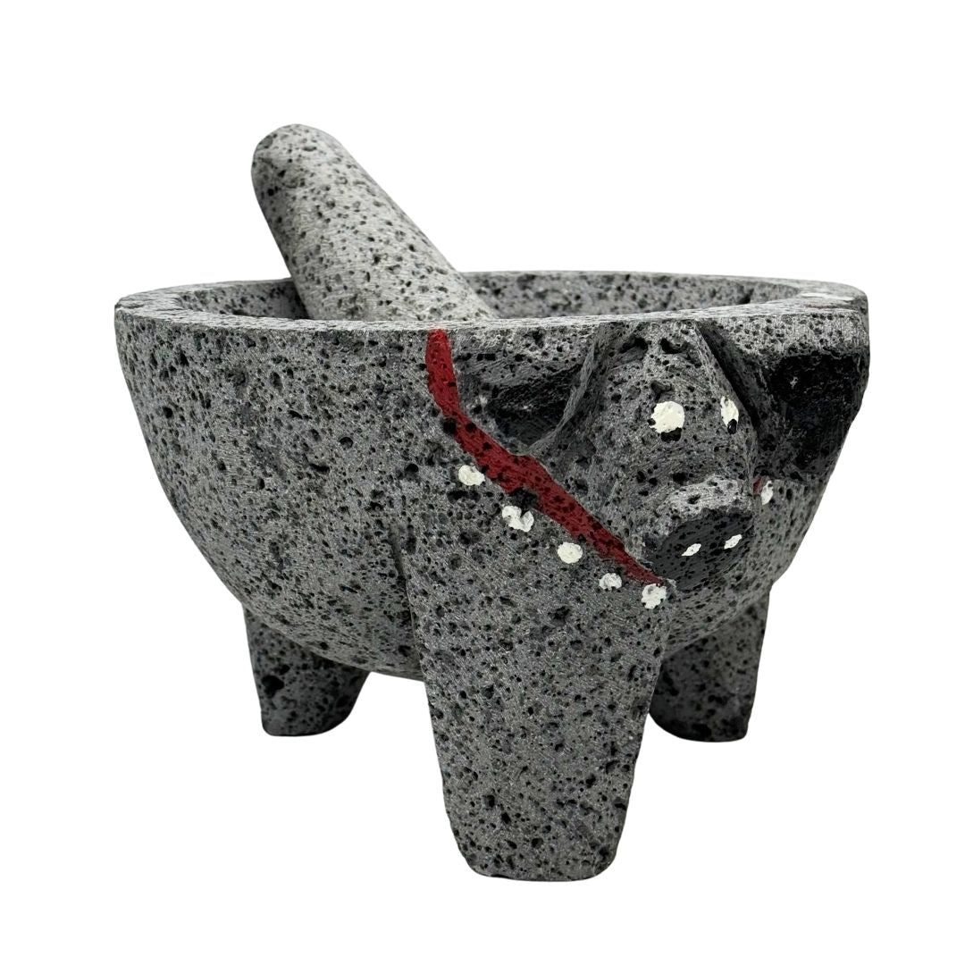 Molcajete Pig Head - Black Lava Stone Bowl (Pintado) - 7" / 8"