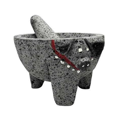 Molcajete Pig Head - Black Lava Stone Bowl (Pintado) - 7" / 8"