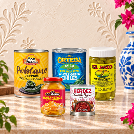 Five canned and jarred Mexican-style peppers and hot chile products arranged on a stone surface against a decorative beige wall with floral motifs. Visible brands include Sad Miguel, Ortega, El Palo, and La Costena.