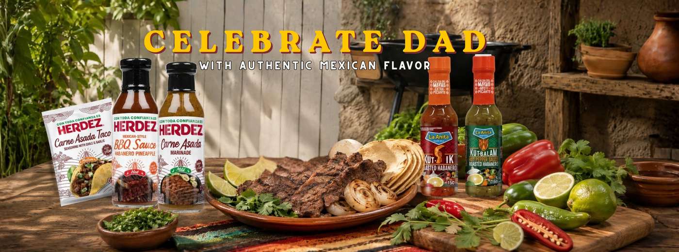 Promotional banner for Herdez products celebrating Father's Day with Mexican food and ingredients.